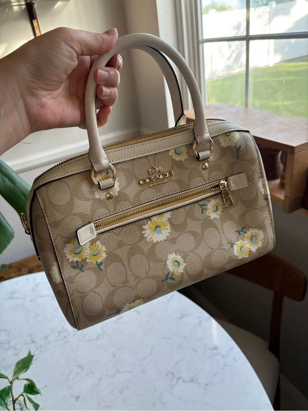 Coach Beige Floral Signature Satchel with Cream Handles